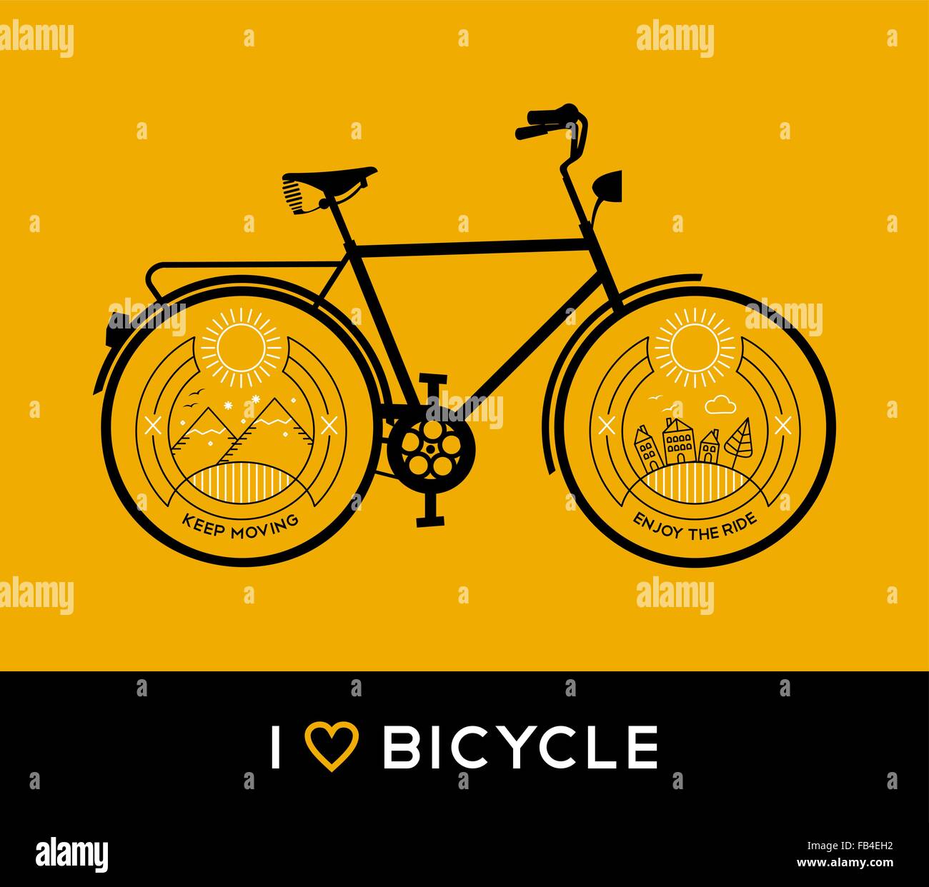 Bicycle concept poster design, retro bike outline silhouette in line art style with nature mountain elements and motivation text Stock Vector