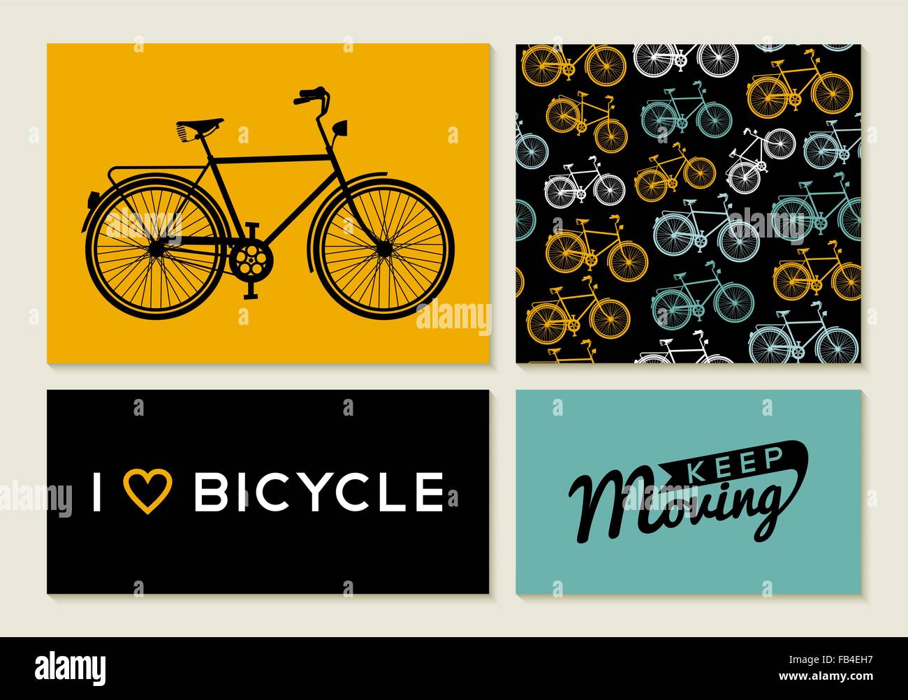Bike concept set: retro seamless pattern, poster and label elements with bicycle outline silhouettes text quotes. EPS10 vector. Stock Vector