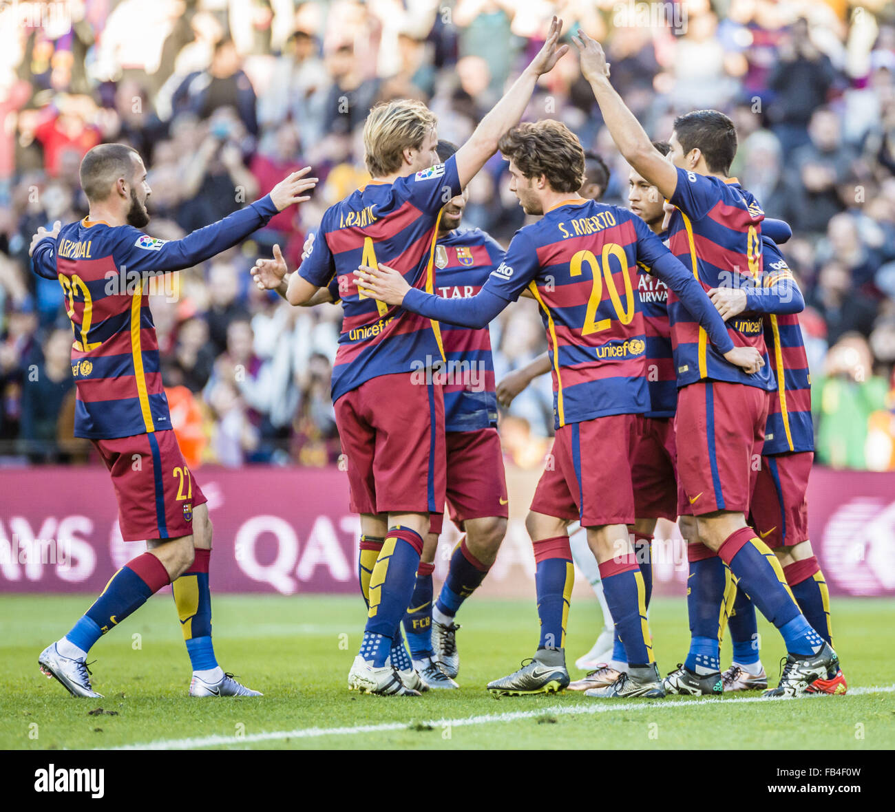 Barcelona, Catalonia, Spain. 9th Jan, 2016. FC Barcelona's forward MESSI celebrates his goal with teammates during the BBVA league match against Granada CF at the Camp Nou stadium in Barcelona Credit:  Matthias Oesterle/ZUMA Wire/Alamy Live News Stock Photo