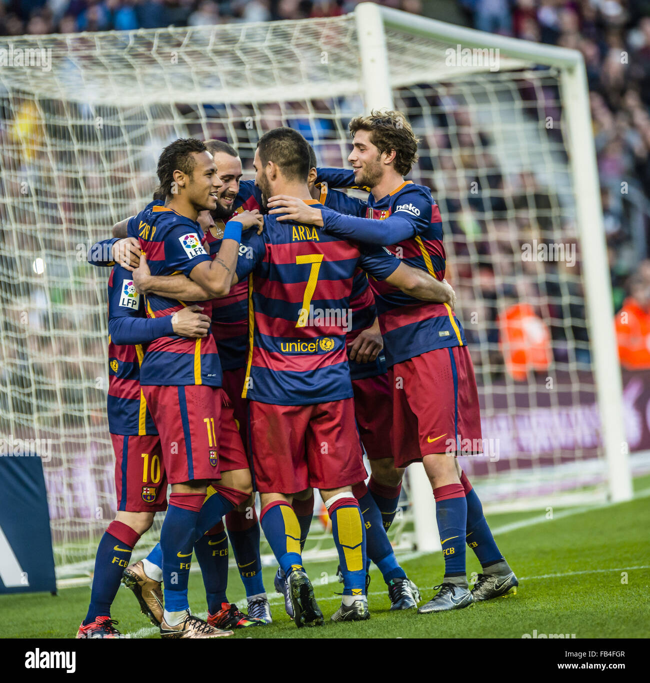 Barcelona, Catalonia, Spain. 9th Jan, 2016. FC Barcelona's forward MESSI celebrates a goal with teammates during the BBVA league match against Granada CF at the Camp Nou stadium in Barcelona Credit:  Matthias Oesterle/ZUMA Wire/Alamy Live News Stock Photo