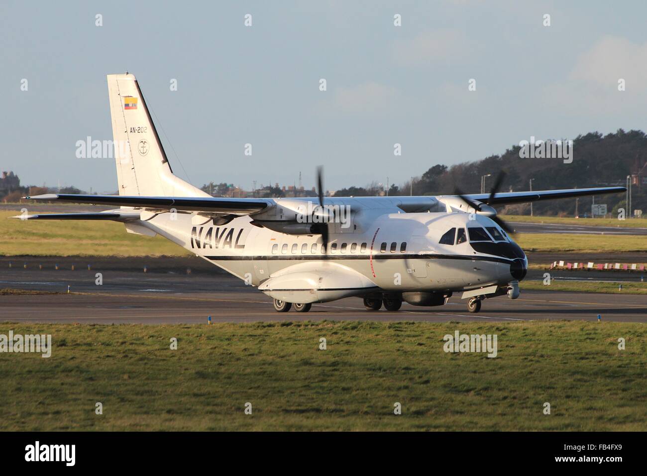 AN-202, a CASA CN-235 of the Ecuadorian Navy, taxis out at Prestwick International Airport for a flight test. Stock Photo