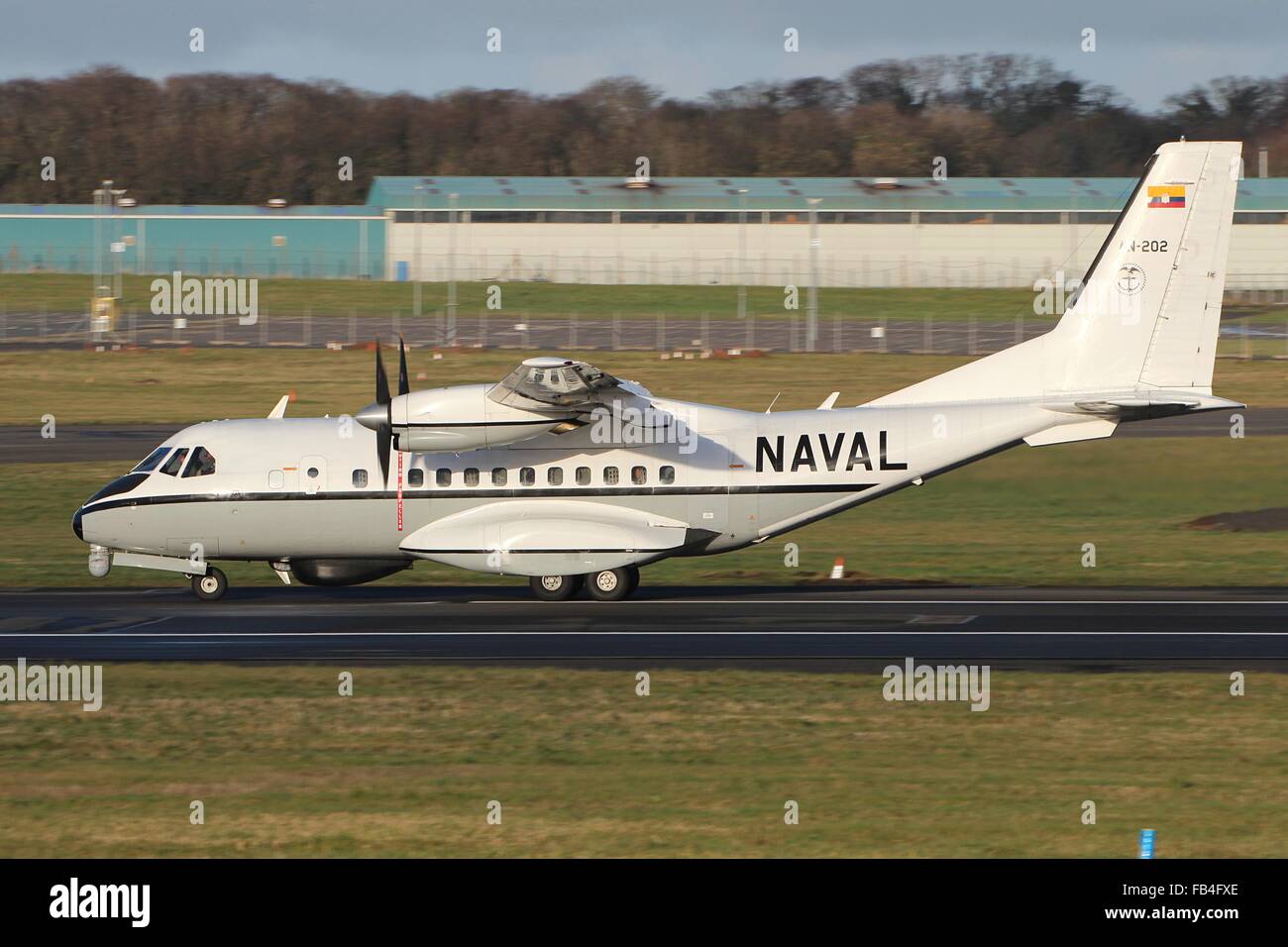AN-202, a CASA CN-235 of the Ecuadorian Navy, takes off at Prestwick International Airport for a flight test. Stock Photo