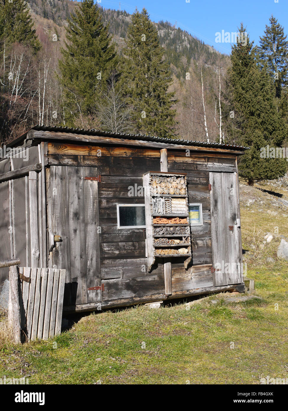 Insect or bug house built on the side of a shed in Le Crot France Stock Photo