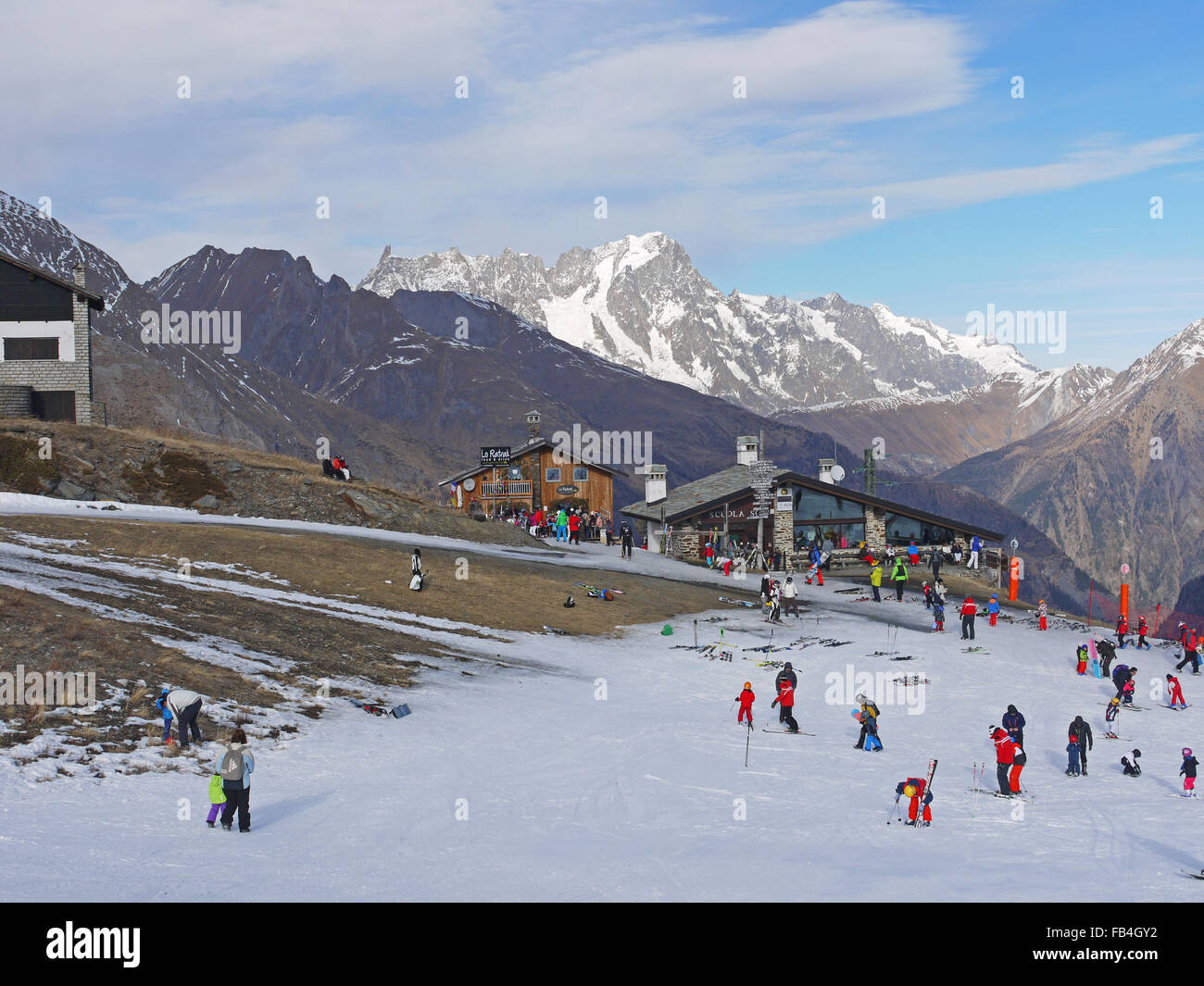 La Thuile Italy ski resort in December 2015 showing the extreme lack of snow in Europe for wintersports at that time. Stock Photo