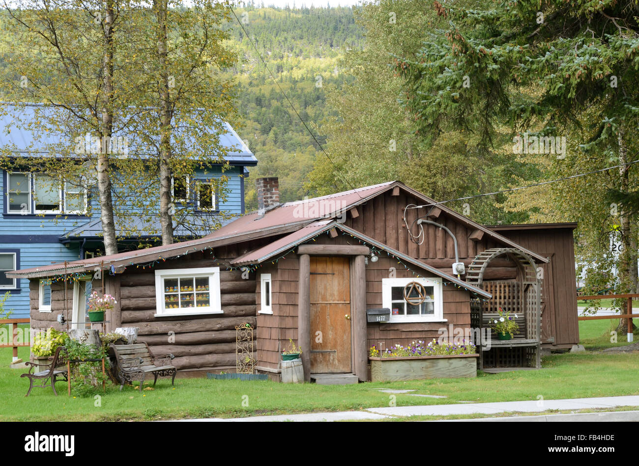 A log home in Skagway, Alaska Stock Photo