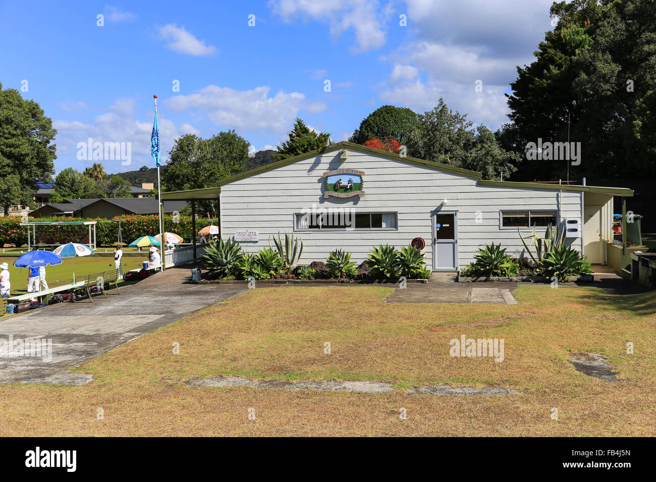 Waitangi Bowling Club building and grounds at Waitangi, Bay of Islands, New Zealand. Stock Photo