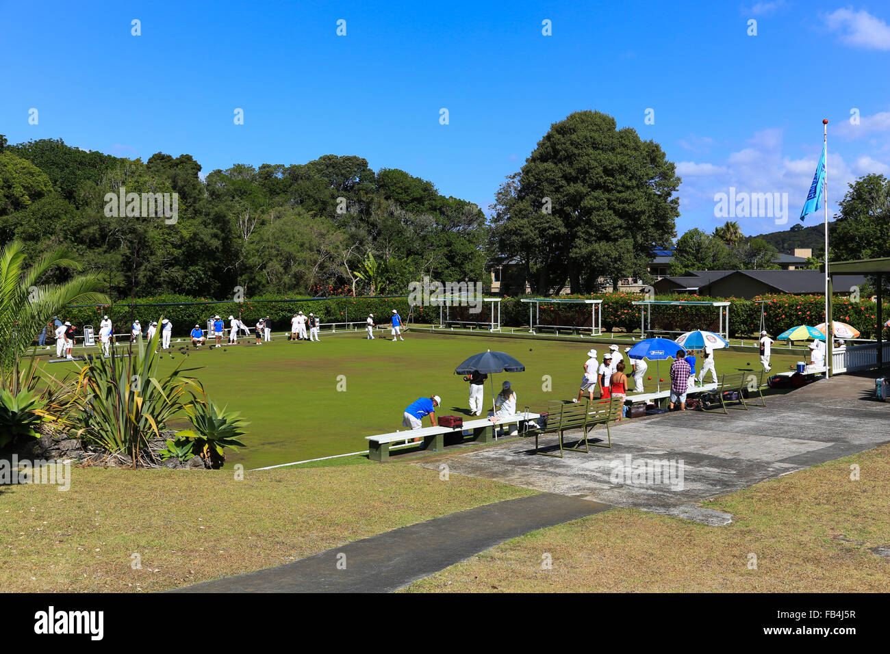 Waitangi Bowling Club members enjoying a sunny day at their club at Waitangi, Bay of Islands, New Zealand. Stock Photo