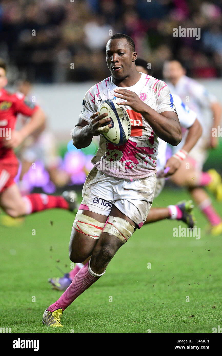 09.01.2016. paris, France. European Champions Cup Rugby Union. Stade Francais versus Munster. Sekou Macalou (Stade Francais) score his try Stock Photo