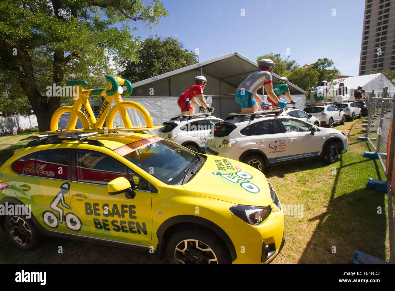 Adelaide, Australia. 09th Jan, 2016. Giant sculptures of cyclists