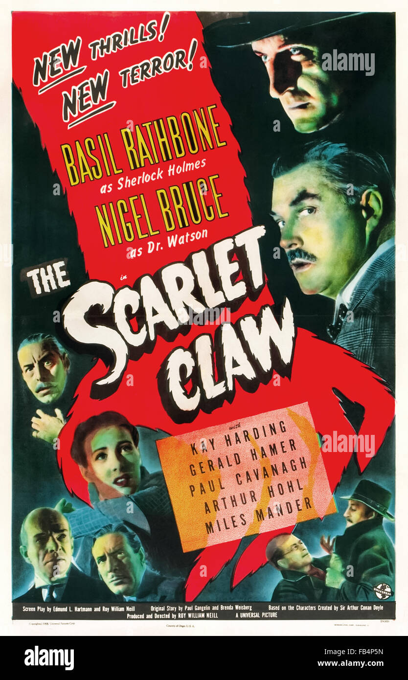 Poster for 'The Scarlet Claw' 1944 Sherlock Holmes film directed by Roy William Neill and starring Basil Rathbone (Holmes); Nigel Bruce (Watson) and Paul Cavanagh (Lord Penrose). See description for more information. Stock Photo