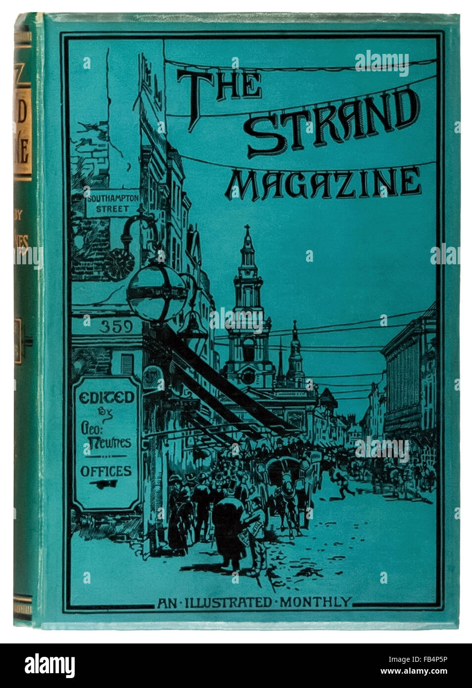 'The Strand Magazine: An Illustrated Monthly' bound volume 1891 featuring the first six stories of Adventures of Sherlock Holmes by Sir Arthur Conan Doyle (1859-1930). Cover illustration looking eastwards down London's Strand towards St Mary-le-Strand, with the title suspended on telegraph wires, was the work of Victorian artist and designer George Charles Haité (1855-1891) Stock Photo