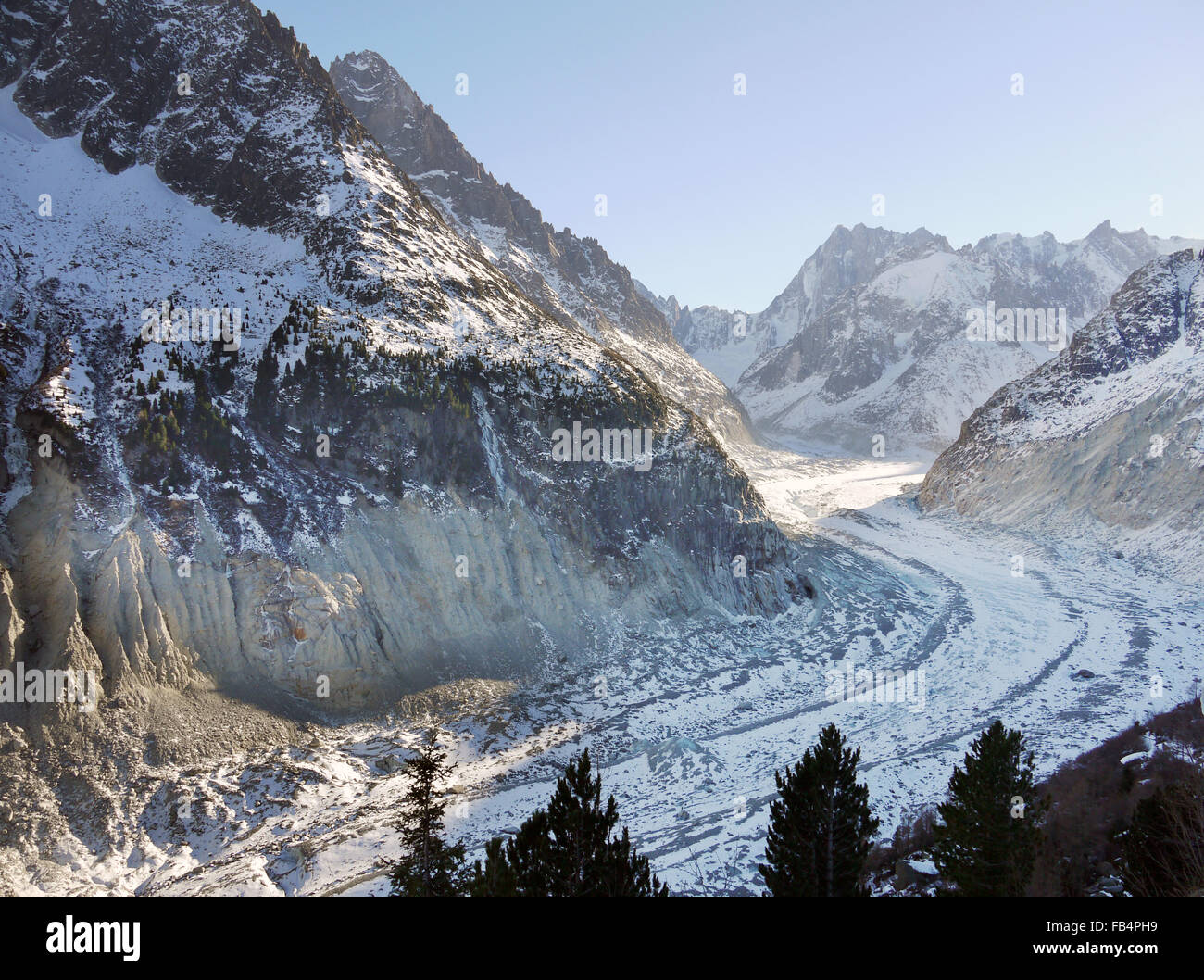 Mer de Glace showing the moraines left from the retreating glacier Chamonix France Stock Photo