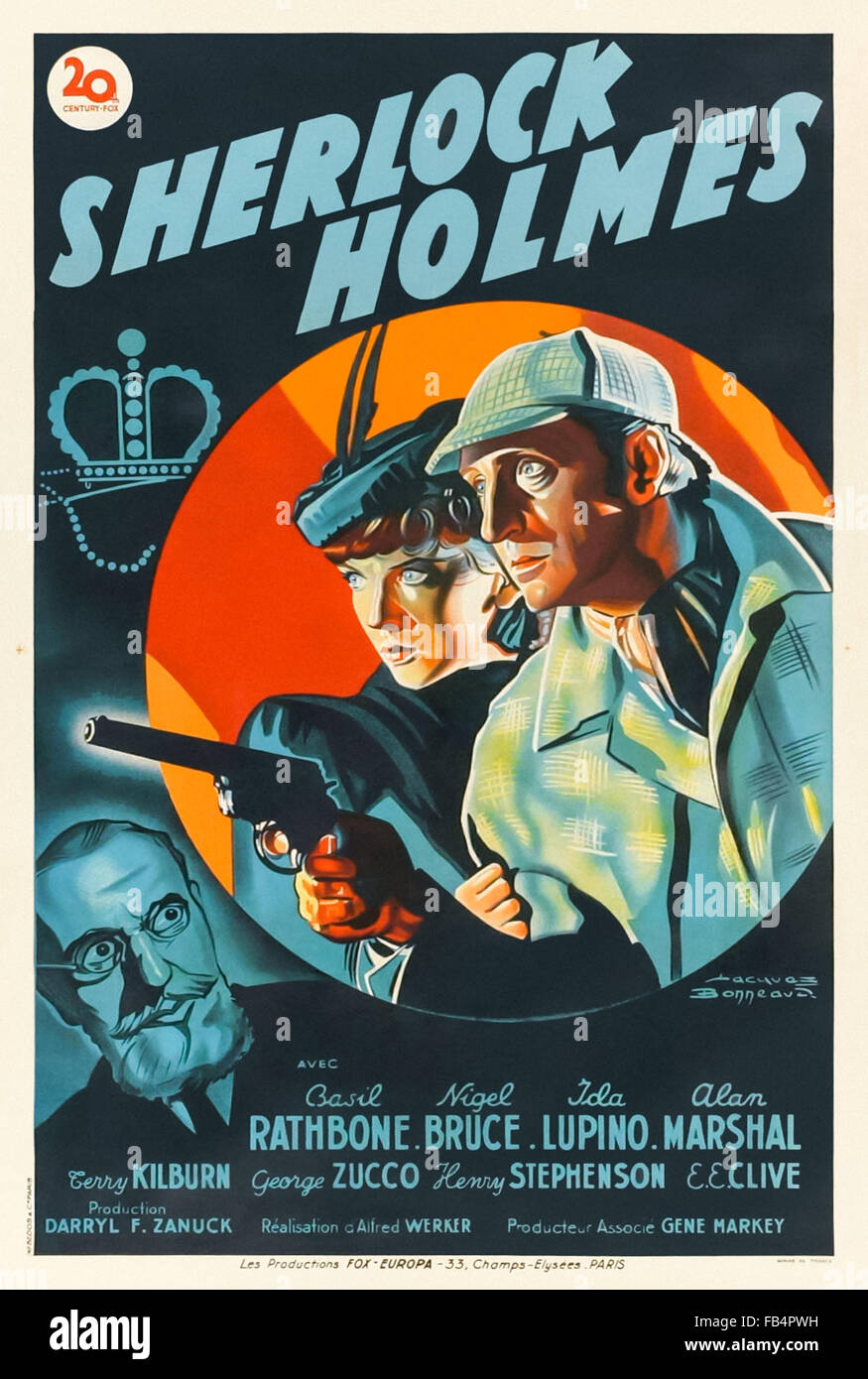'The Adventures Of Sherlock Holmes' (1939) French film poster. Professor Moriarity plans to steal the crown jewels. Directed by Alfred Werker and starring Basil Rathbone, Nigel Bruce and Ida Lupino. See description for more information Stock Photo