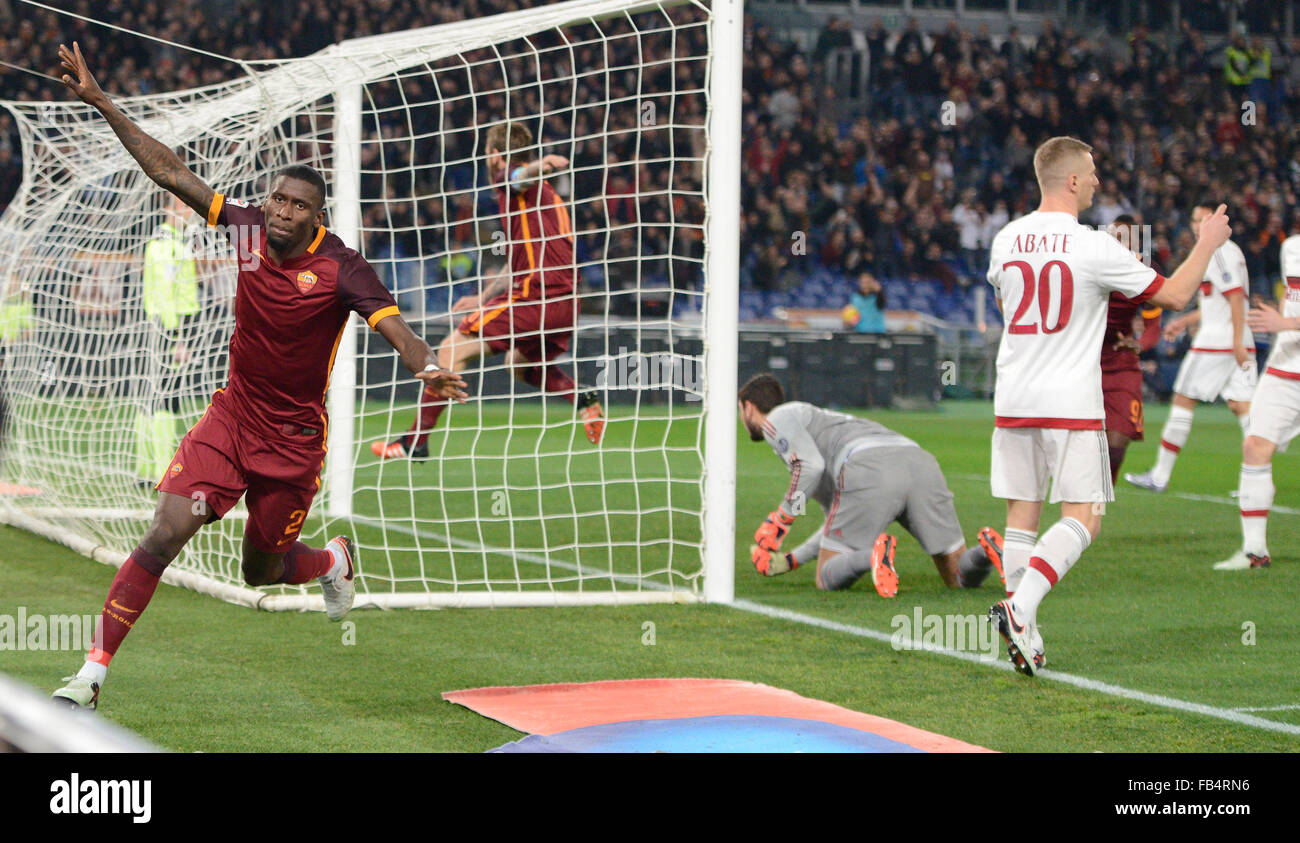 Rome, Italy. 09th Jan, 2016. Antonio rudiger  kicks gol 1 -0 during the Italian Serie A football match A.S. Roma vs A.C. Milan at the Olympic Stadium in Rome, on january 09, 2016 Credit:  Silvia Lore'/Alamy Live News Stock Photo