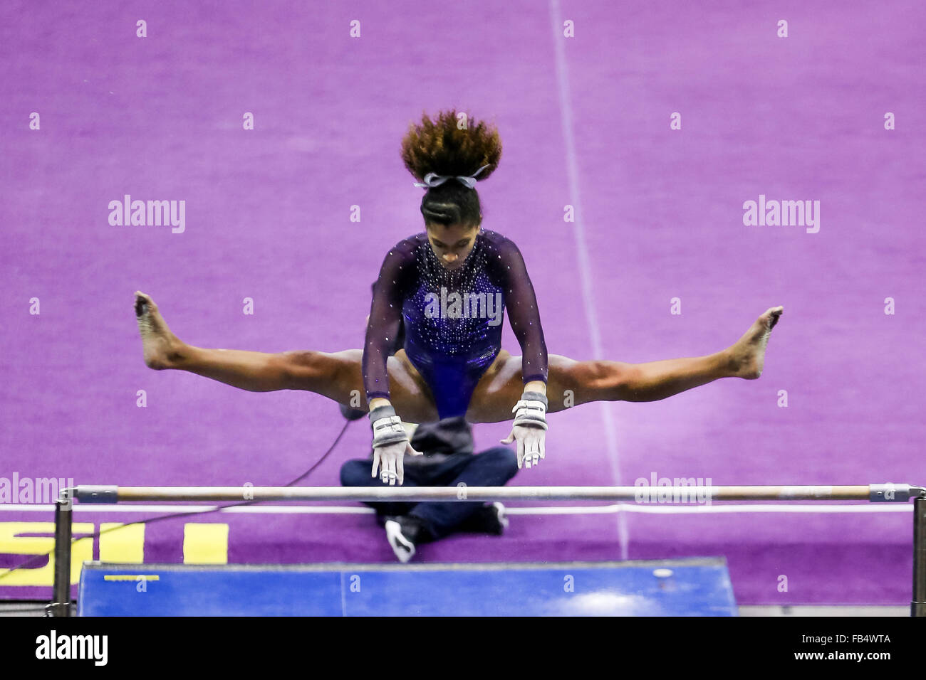 Baton Rouge, LA, USA. 09th Jan, 2016. LSU Tigers Randii Wyrick receives a 9.725 on the bars during a NCAA gymnastics meet between the Oklahoma Sooners at LSU Tigers at the Pete Maravich Assembly Center in Baton Rouge, LA. LSU defeated Oklahoma 196.950 - 196.725 Stephen Lew/CSM/Alamy Live News Stock Photo