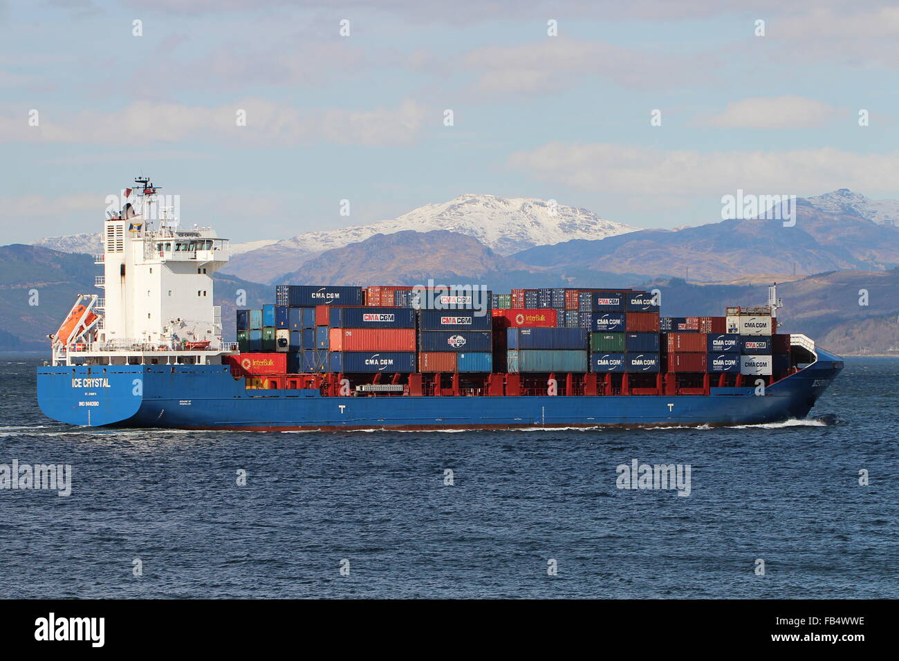 The container ship Ice Crystal passes Cloch Point in Gourock. Stock Photo