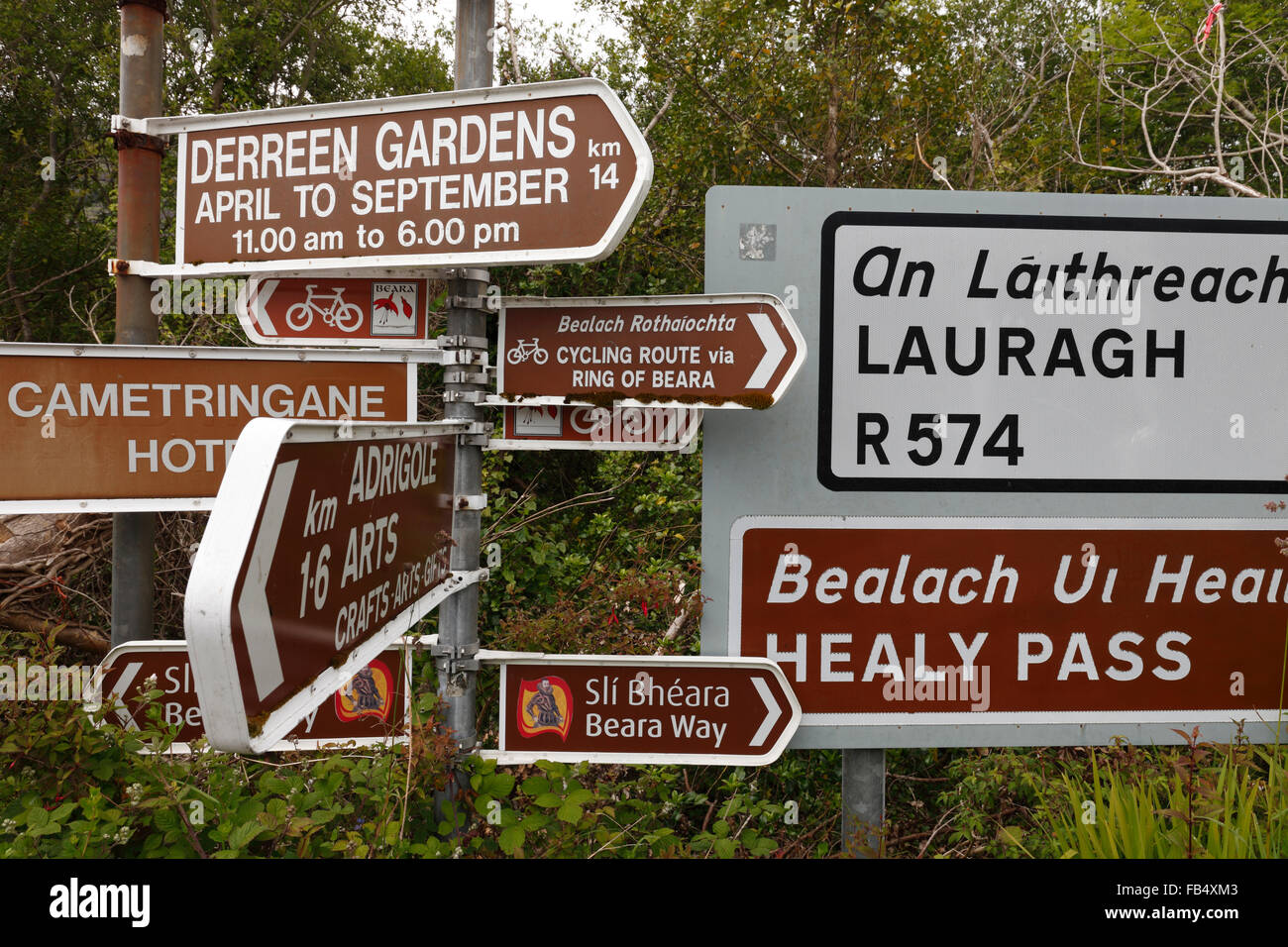 Direction Signs at a road junction on Beara Peninsula in Ireland Stock Photo