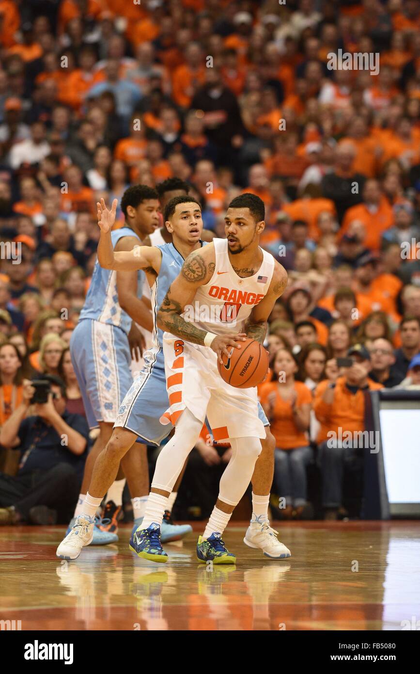 Syracuse, NY, USA. 9th Jan, 2016. Syracuse forward Michael Gbinije (0) looks to pass the ball during the second half of play as North Carolina defeated Syracuse 84-73 in front of 26,811 fans in an ACC matchup at the Carrier Dome in Syracuse, NY. Photo by Alan Schwartz/Cal Sport Media/Alamy Live News Stock Photo