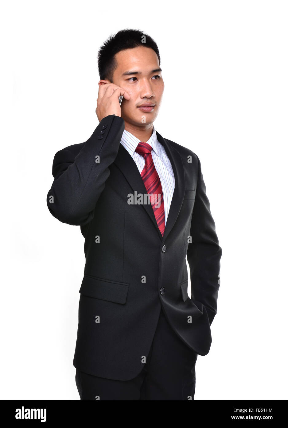 business man use mobile phone isolated on white background Stock Photo