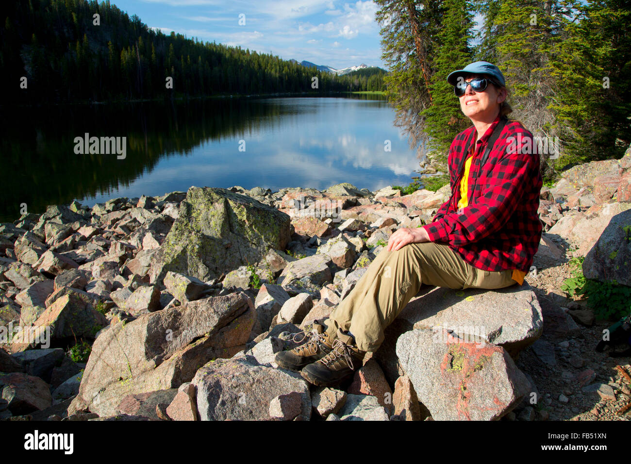Hiker at Lady of the Lake, Absaroka Beartooth Wilderness, Gallatin National Forest, Montana Stock Photo