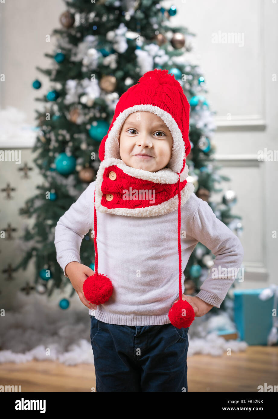 Boy wearing winter hat hi-res stock 