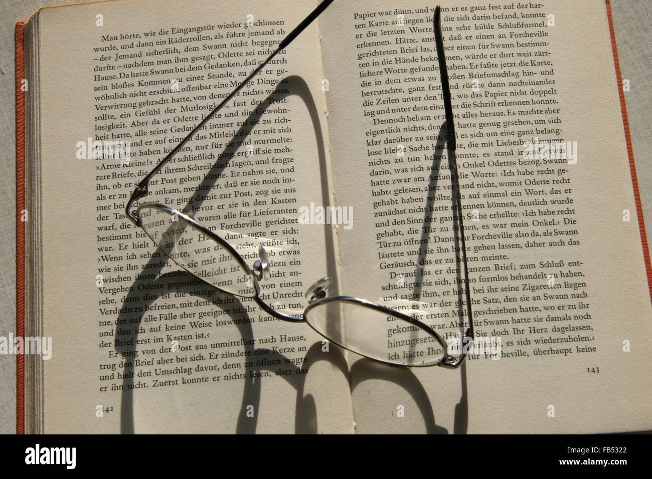 book and spectacles with sunshine Stock Photo