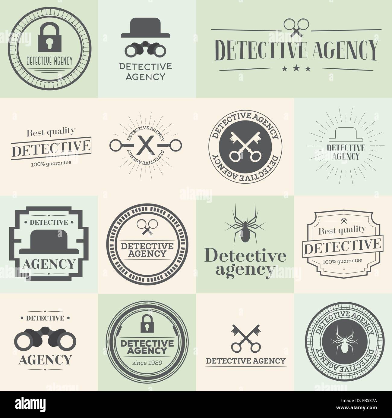Label badges and stamps set for detective agency. Vector illustration. Objects for web site, documents and other designs. Stock Vector