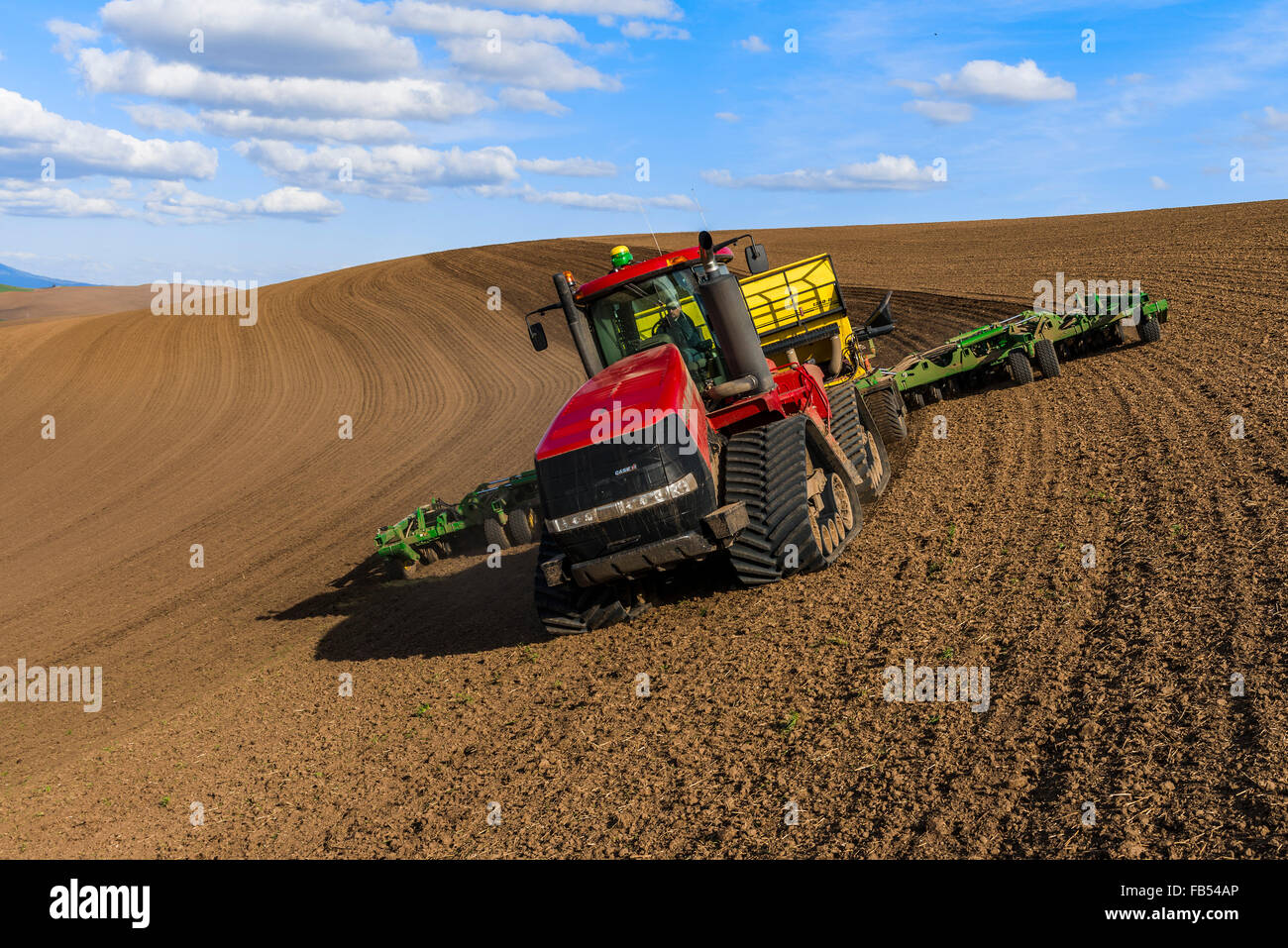 Case quadtrac tractor seeding garbanzo beans in the Palouse region of Eastern Washington Stock