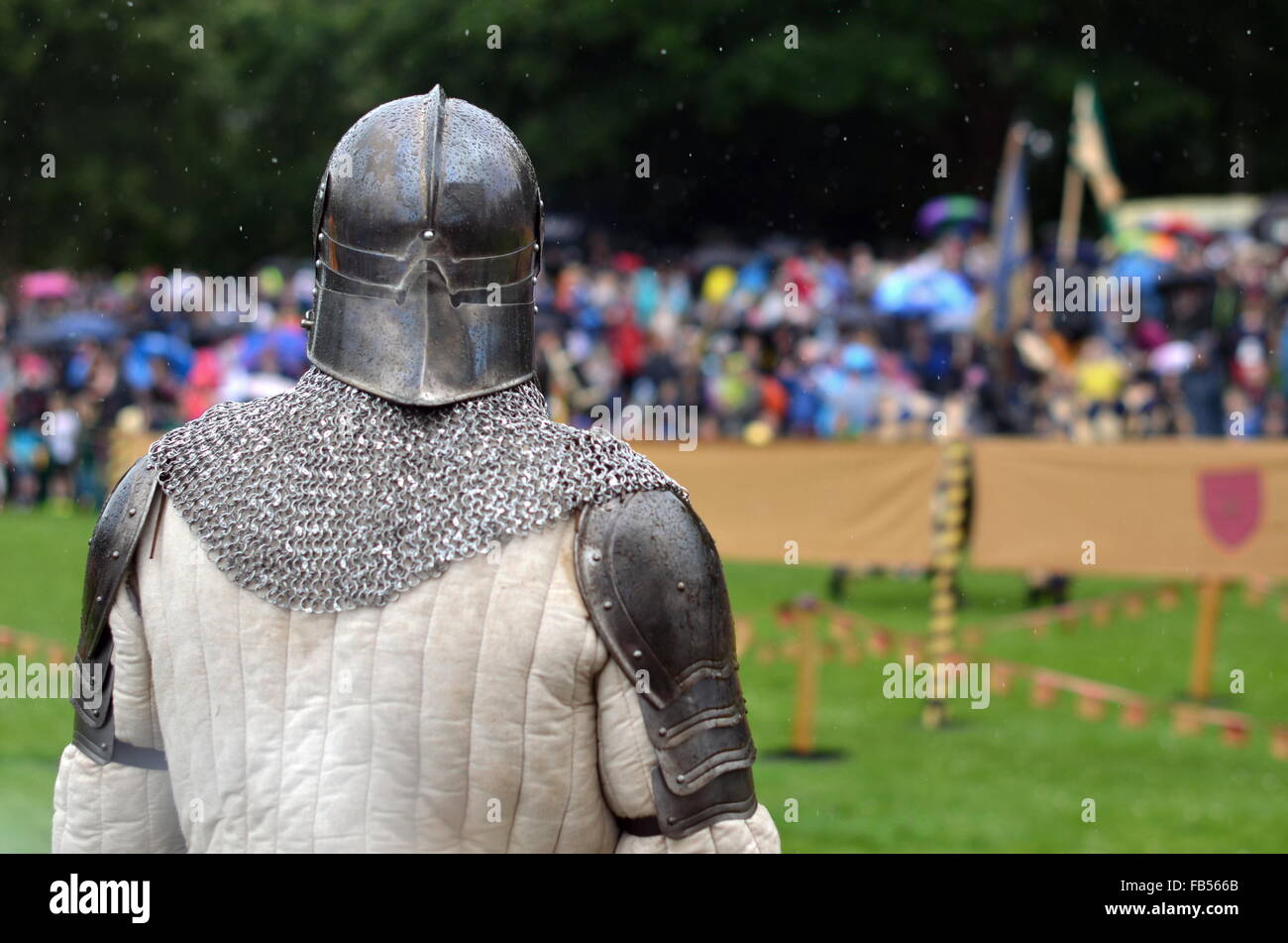 The back of a Medieval knight at a jousting tournament at Linlithgow Palace, Scotland Stock Photo