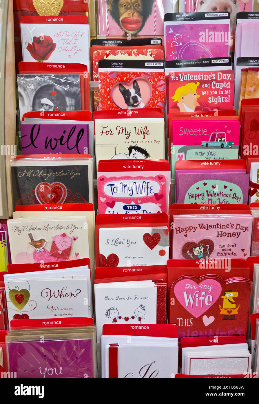 Valentines cards on display in a the store. Colorful romantic valentine