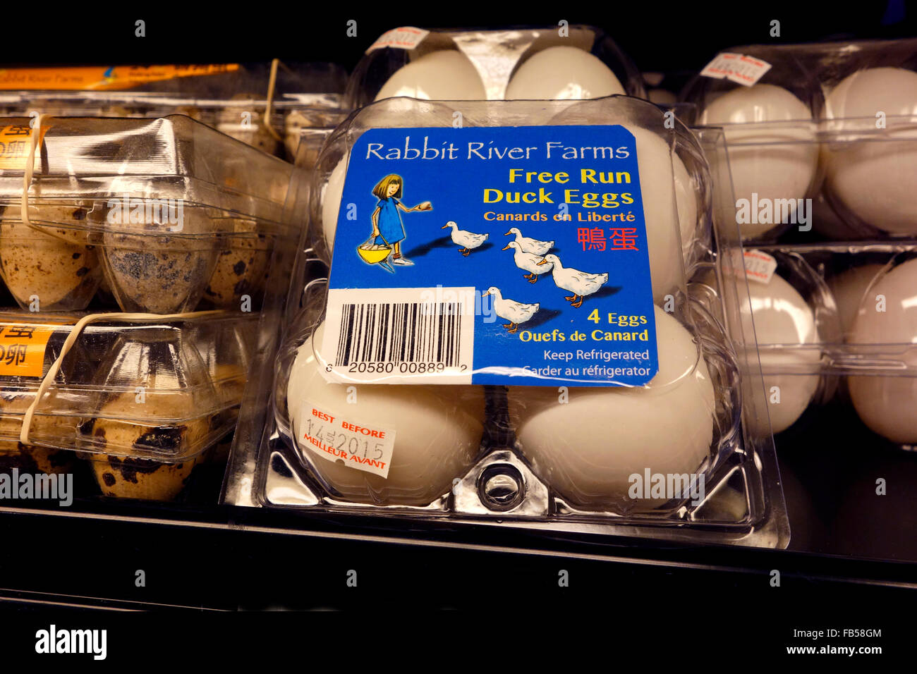 Package of free run duck eggs for sale at the grocery store. Specialty