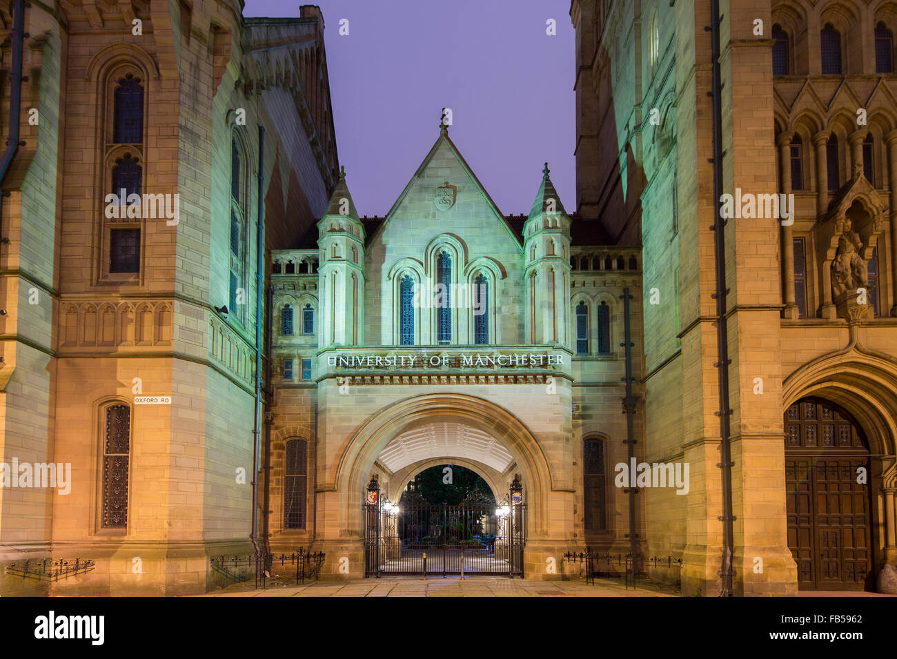 The University of Manchester entrance at night, Oxford Road, Manchester Stock Photo