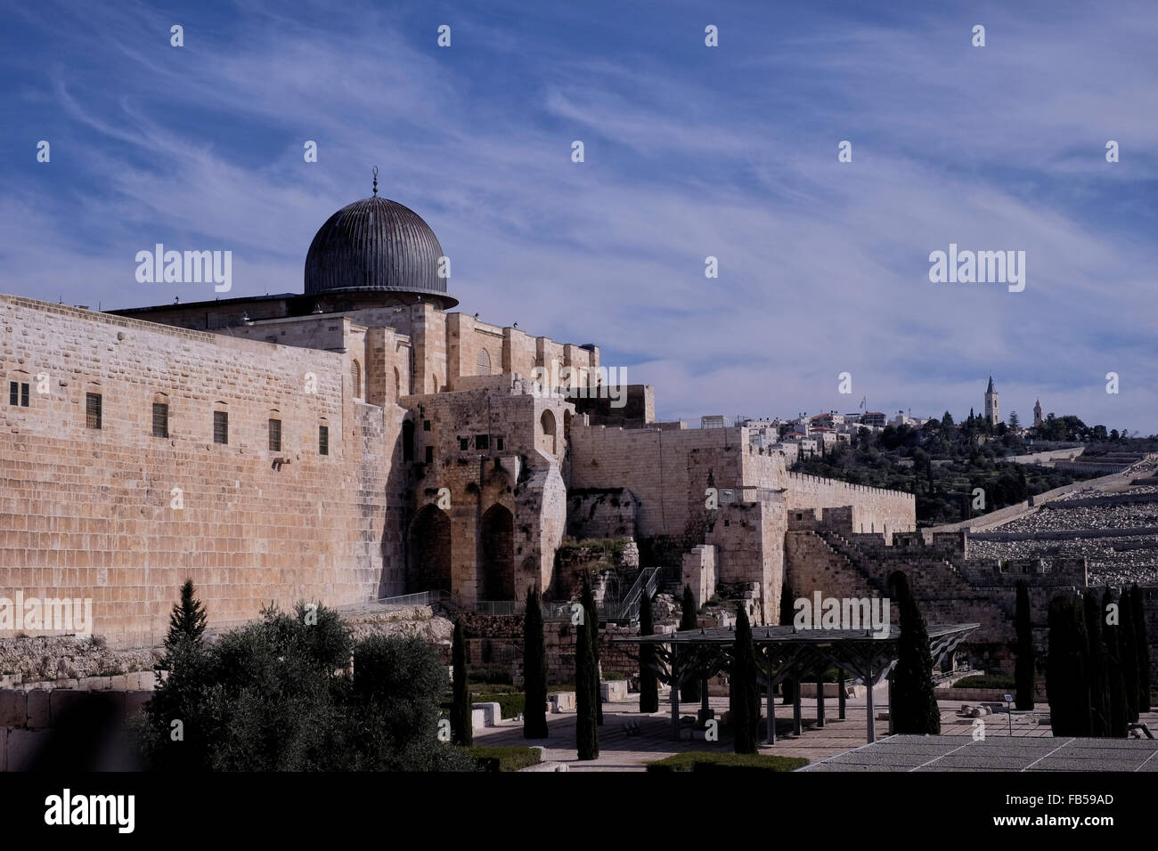 View of the archaeological park and El Aksa Mosque along the southern wall of Haram al Sharif from Jerusalem Archeological Park, Old City East Jerusalem Israel Stock Photo