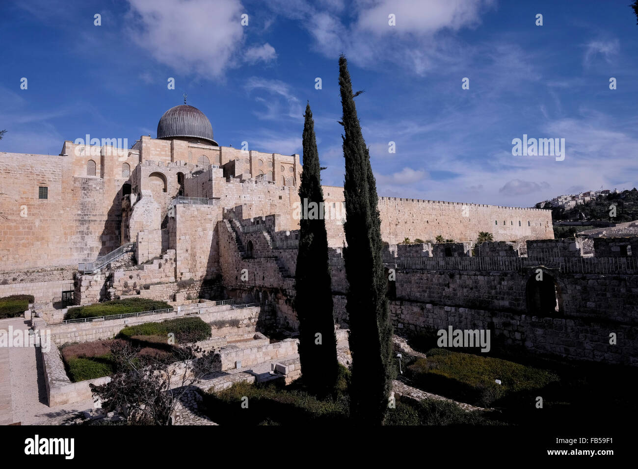 View of the archaeological park and El Aksa Mosque along the southern wall of Haram al Sharif from Jerusalem Archeological Park, Old City East Jerusalem Israel Stock Photo