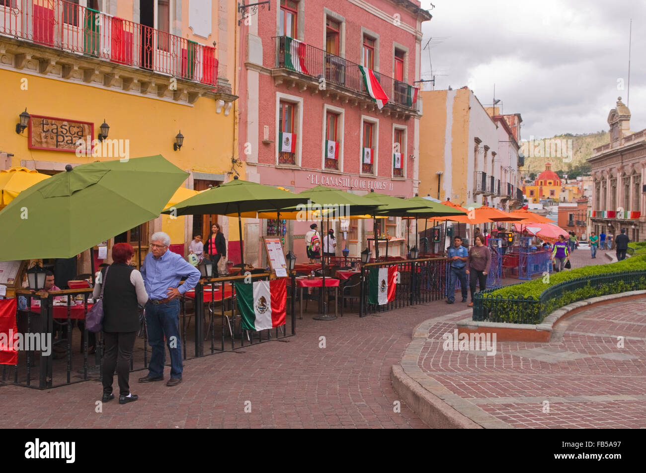 Restaurants and cafes around the Plaza de la Paz (Peace Square) in Guanajuato, Mexico Stock Photo