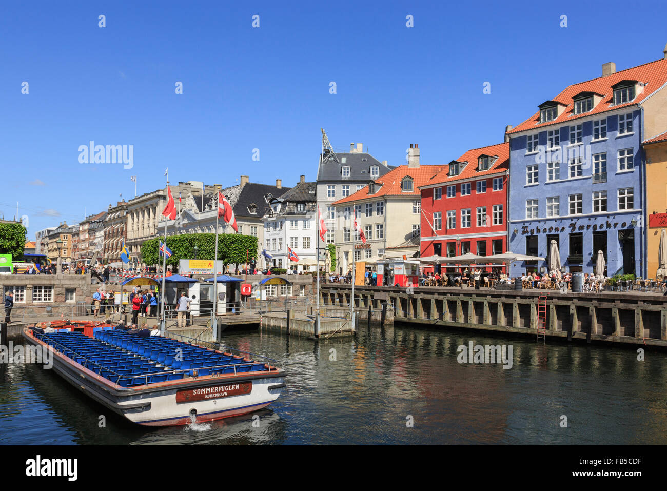Canal tour boat in Nyhavn, Copenhagen, Zealand, Denmark, Scandinavia, Europe Stock Photo