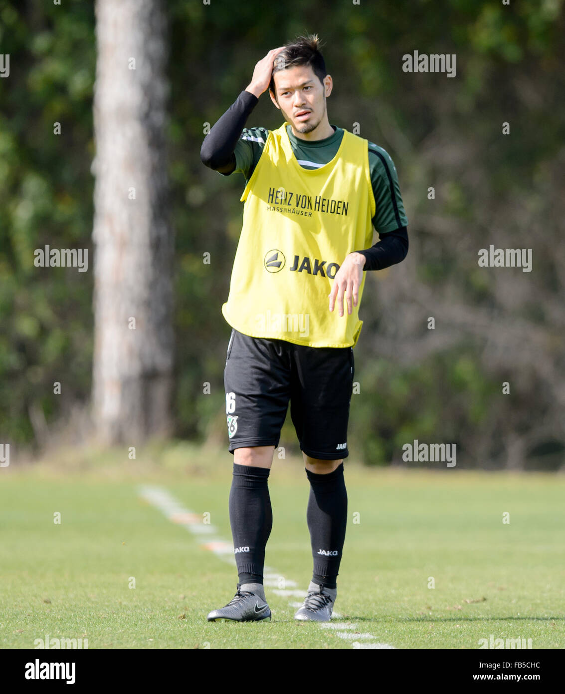 Hannover's new signing Hotaru Yamaguchi attends a training session of German Bundesliga soccer club Hannover 96 in Belek, Turkey, 10 January 2016. Hannover 96 is in Belek to prepare for the second half of the German Bundesliga season. Photo: THOMAS EISENHUTH/dpa Stock Photo