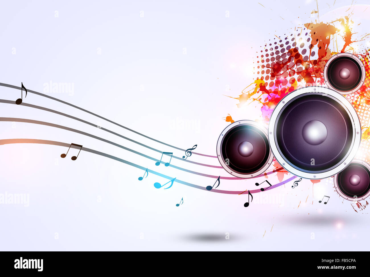 sound speaker multicolor music background with music notes and blurry lights Stock Photo