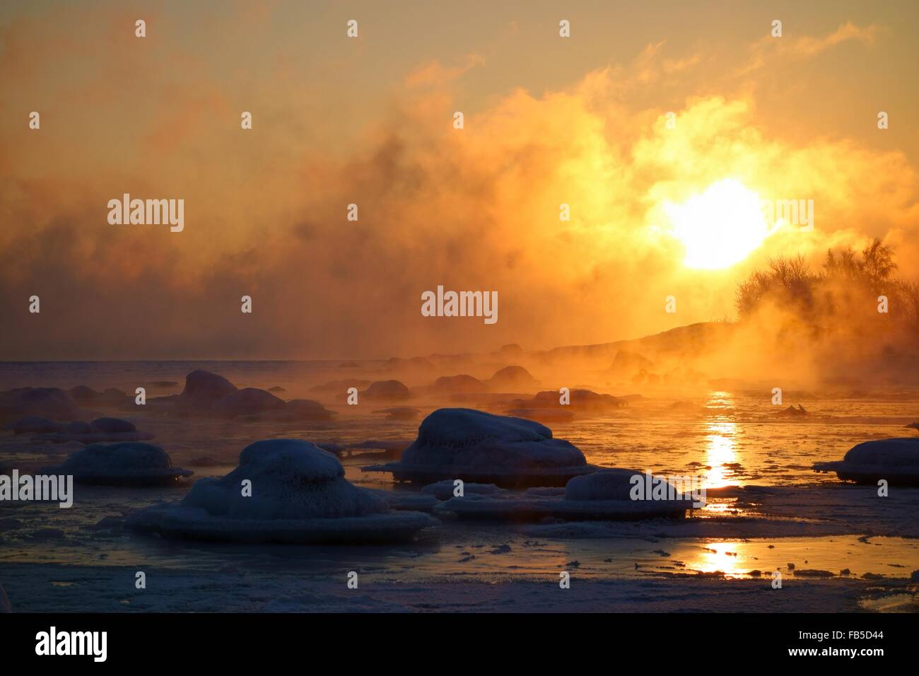 Extremely cold winter sunrise in Helsinki, Finland Stock Photo