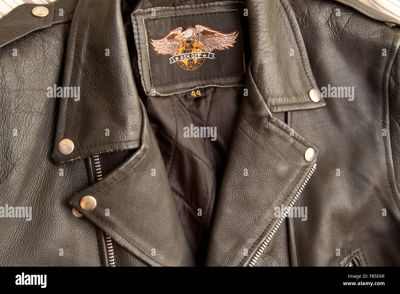 Detail of old style biker leather jacket Stock Photo