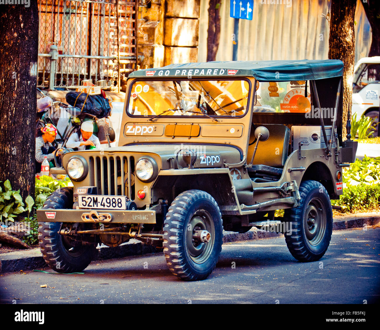 Military Jeep on the street. Stock Photo