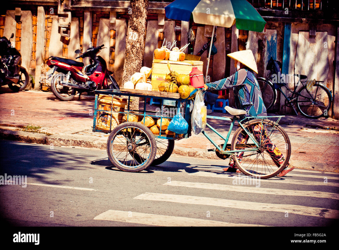 Lady pushing a cart in Vietnam. Stock Photo