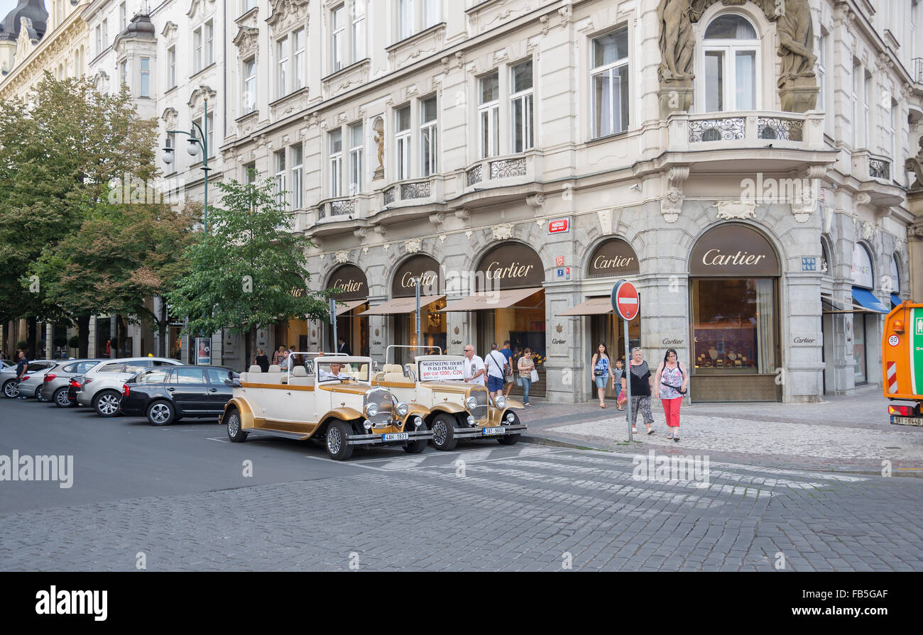 PRAGUE - AUGUST 4: Taxi in  elegant and shopping Pariska street on august 4,2015 in Prague - Czech Stock Photo