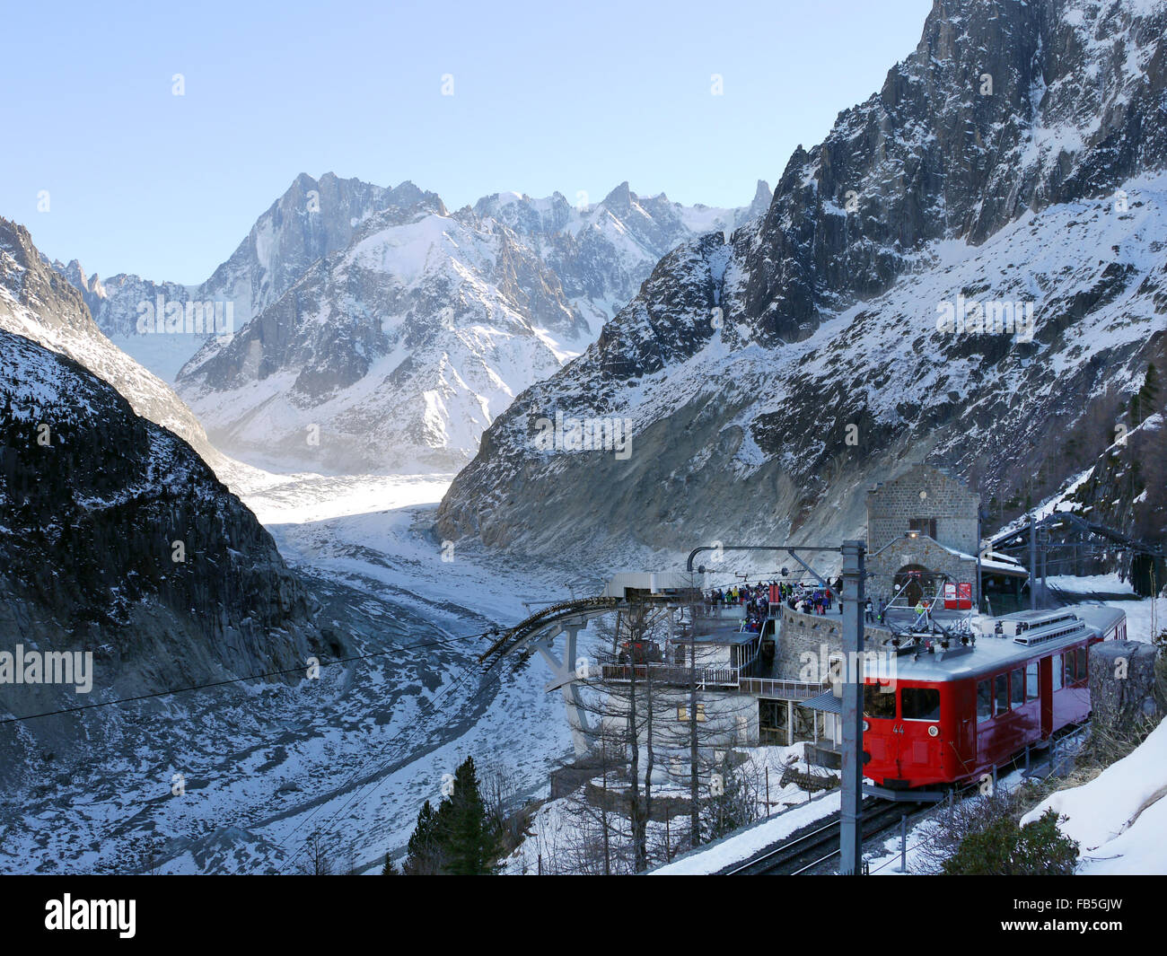 Montenvers Train climbs up to the Mer de Glace Glacier at Chamonix France Stock Photo