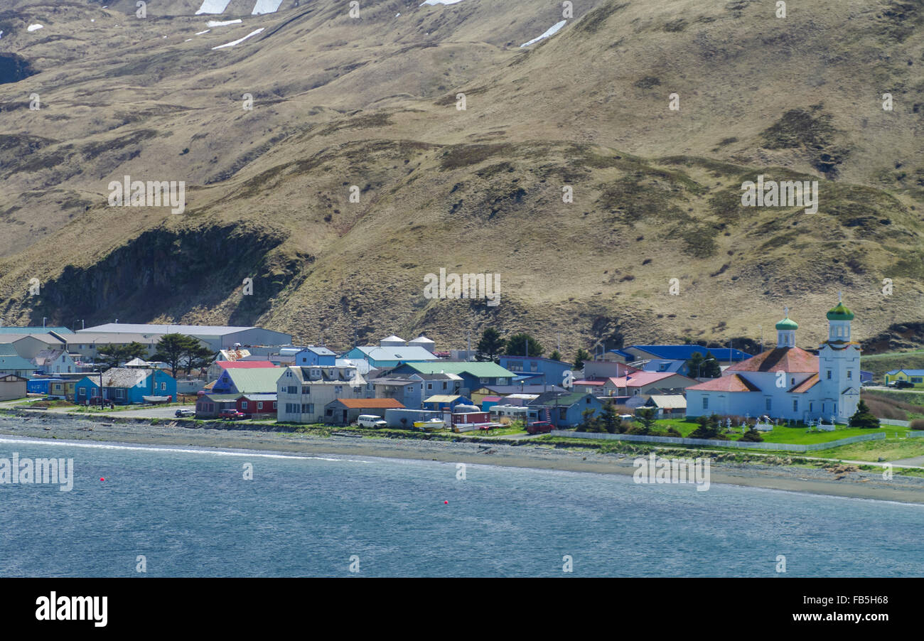 View of Unalaska, Aleutian Islands, Alaska, USA. Next to residential buildings is the Russian Orthodox cathedral Holy Ascension of Our Lord. Stock Photo