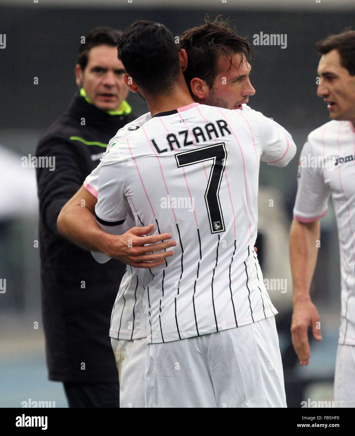 Verona, Italy. 10th January, 2016. Palermo's forward Franco Vazquez  celebrates with Palermo's defender Achraf Lazaar after scoring a goal 0-1  during the Italian Serie A football match between Hellas Verona FC v, image size:1132x1390