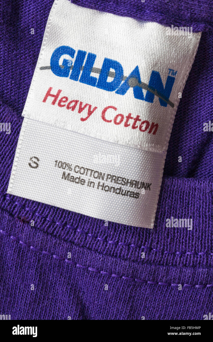 Gildan heavy cotton made in Honduras label in t-shirt - sold in the UK  United Kingdom, Great Britain Stock Photo - Alamy