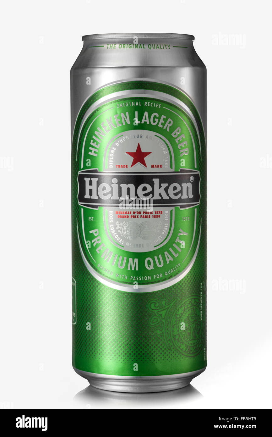 Kiev, Ukraine - March 9, 2014: Alluminium can of Heineken beer isolated on white. Product shot Stock Photo