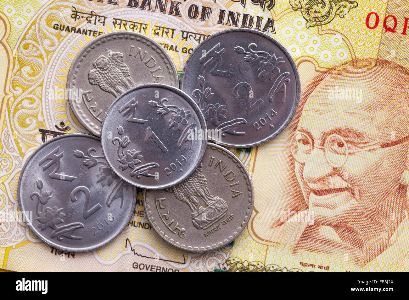 Different banknotes and coins  of Indian Rupee Stock Photo