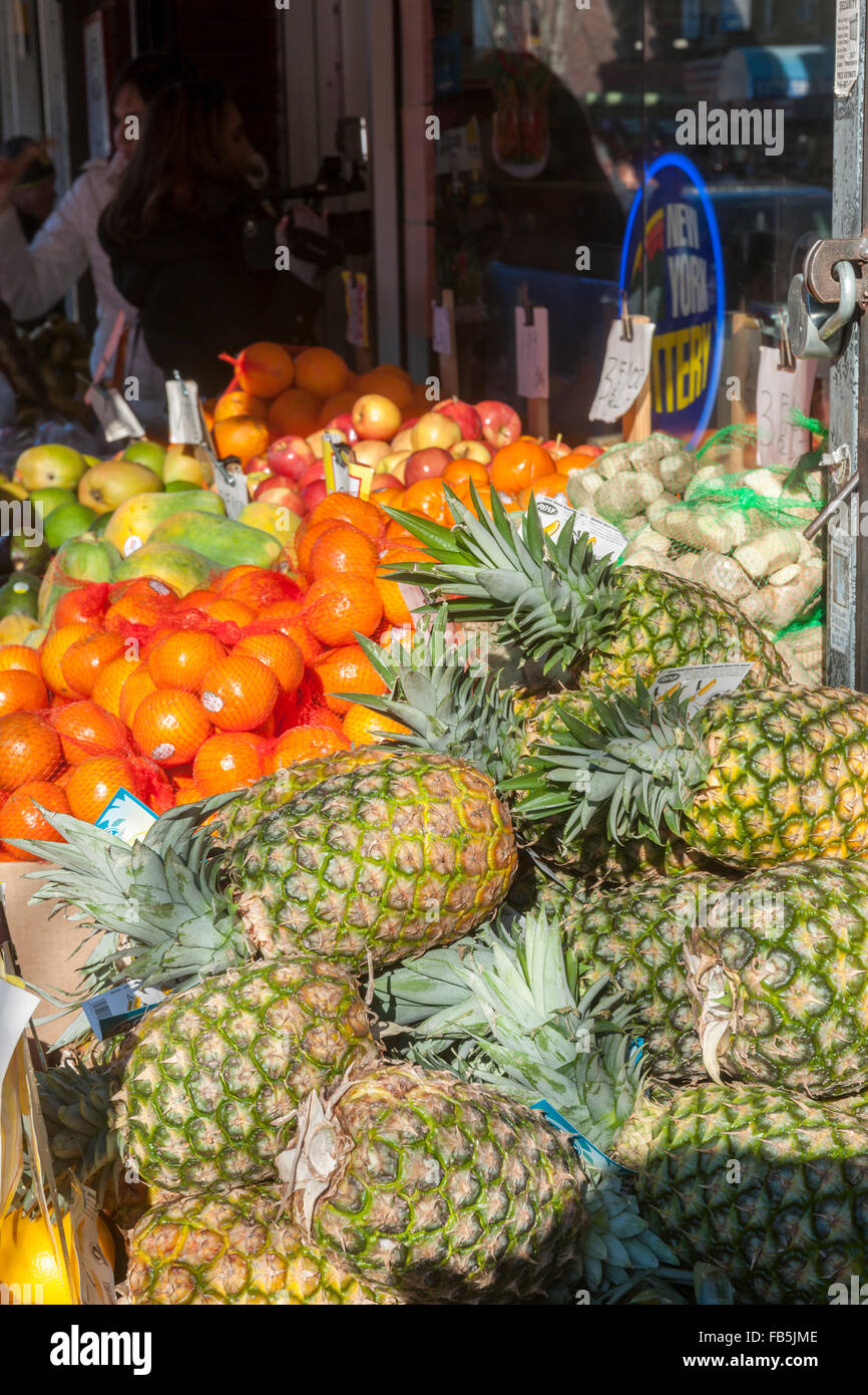 Produce market under the elevated Number 7 train in the Jackson Heights neighborhood in Queens